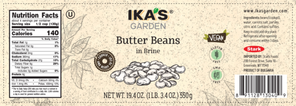 Ika's Garden Butter Beans in Brine 550g - Nutrition Facts - Global Imports & Exports Distributors