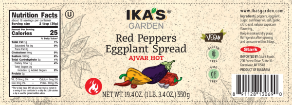 Ika's Garden Red Peppers Eggplant Spread Ajvar Hot 550g - Nutrition Facts - Global Imports & Exports Distributors