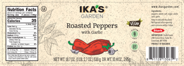 Ika's Garden Roasted Peppers w Garlic 530g - Nutrition Facts - Global Imports & Exports Distributors